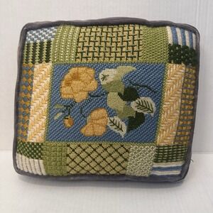Vintage Needlepoint Throw Pillow Floral Geometric Bargello Velvet Back Green MCM